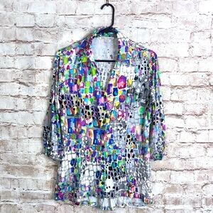 Snoskins Button Front Collared Mosaic Print Top Size Large